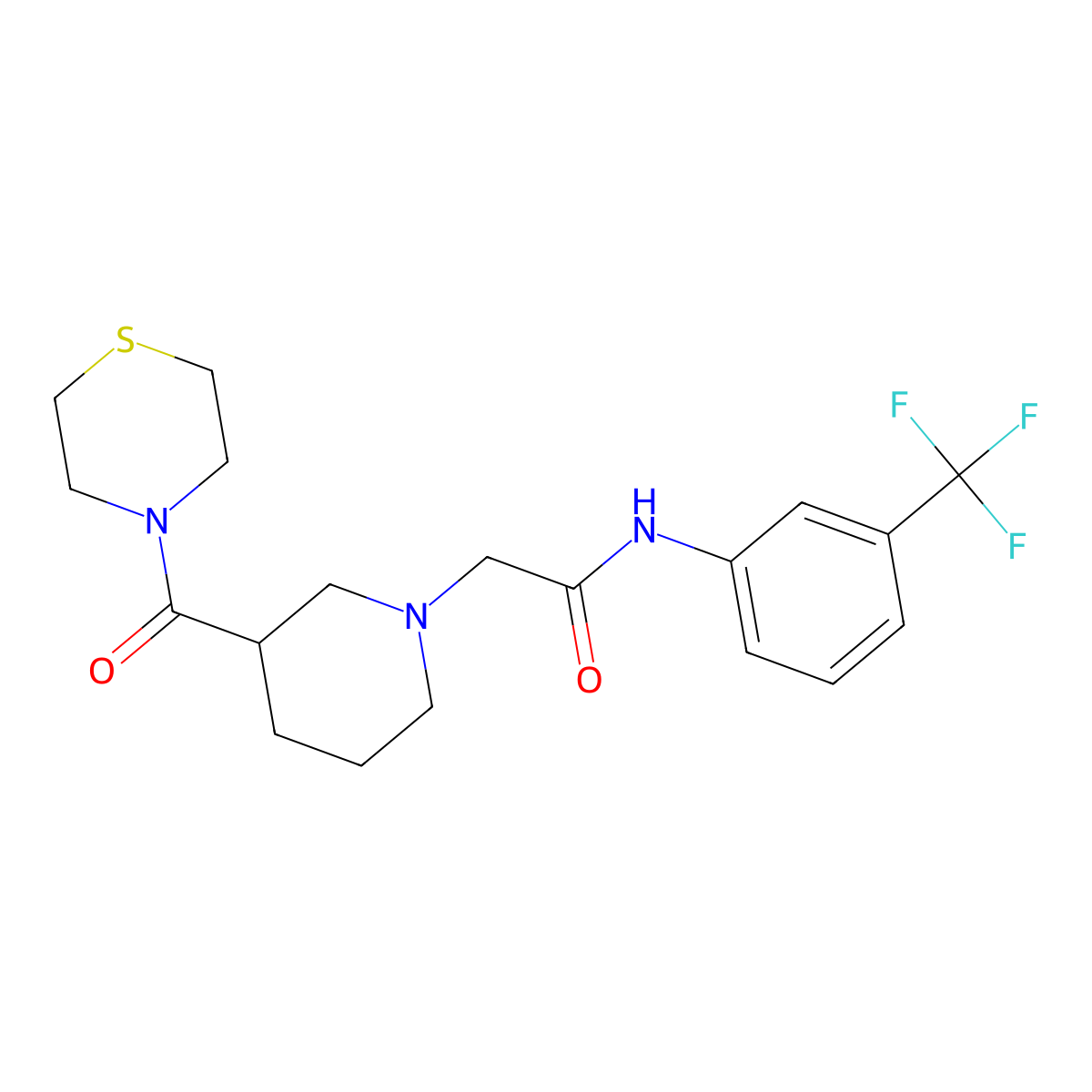 2-[3-(thiomorpholine-4-carbonyl)piperidin-1-yl]-N-[3-(trifluoromethyl)phenyl]acetamide molecular structure, CAS 2770595-18-9