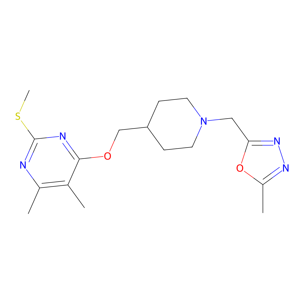 4,5-Dimethyl-6-({1-[(5-methyl-1,3,4-oxadiazol-2-yl)methyl]piperidin-4-yl}methoxy)-2-(methylsulfanyl)pyrimidine molecular structure, CAS 2770595-22-5