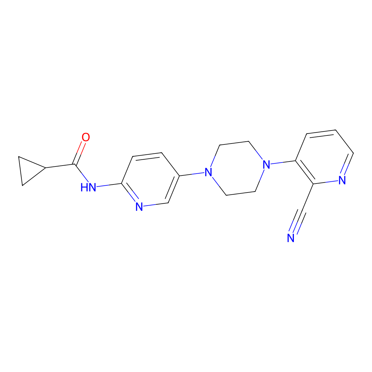 N-{5-[4-(2-cyanopyridin-3-yl)piperazin-1-yl]pyridin-2-yl}cyclopropanecarboxamide molecular structure, CAS 2770595-27-0