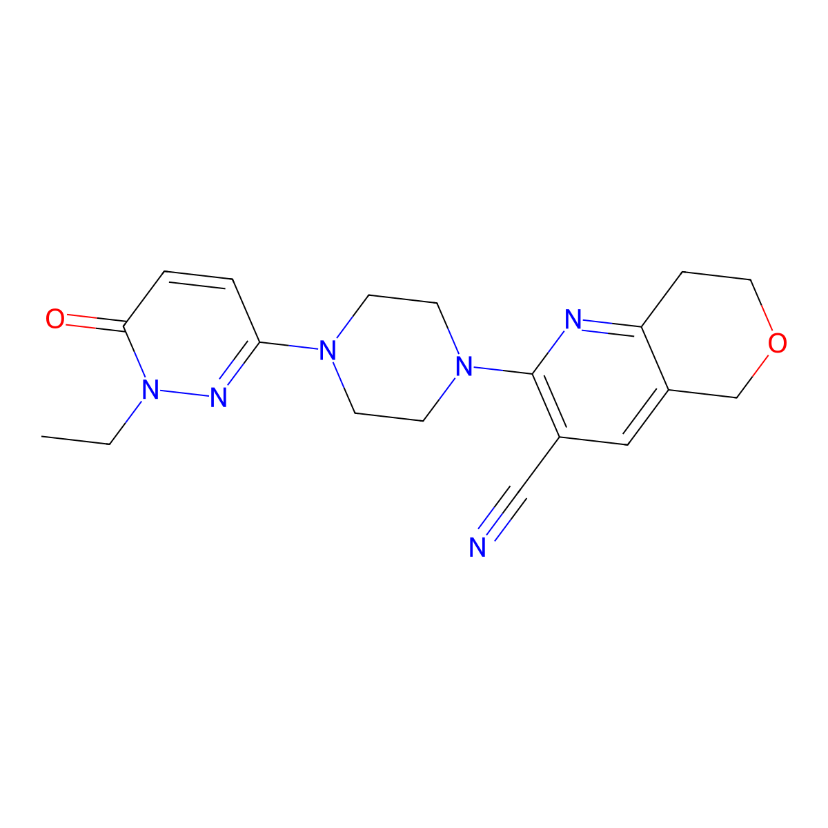 2-[4-(1-ethyl-6-oxo-1,6-dihydropyridazin-3-yl)piperazin-1-yl]-5H,7H,8H-pyrano[4,3-b]pyridine-3-carbonitrile molecular structure, CAS 2770595-30-5