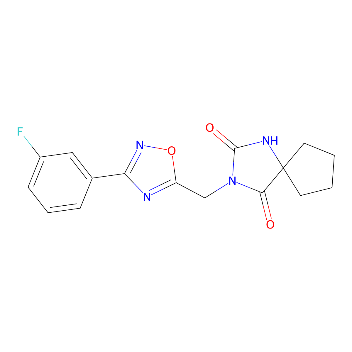 3-{[3-(3-Fluorophenyl)-1,2,4-oxadiazol-5-yl]methyl}-1,3-diazaspiro[4.4]nonane-2,4-dione molecular structure, CAS 2770595-43-0