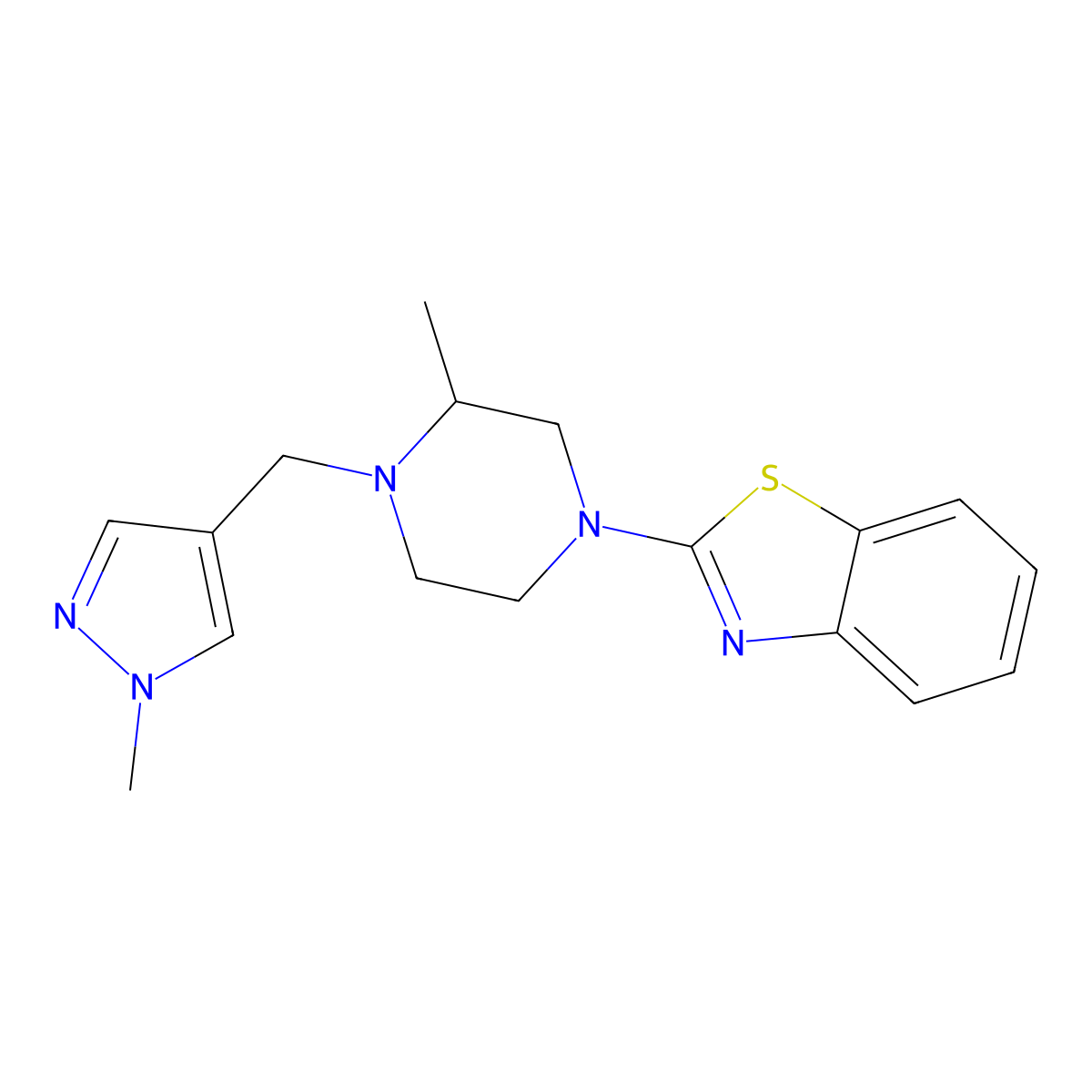 2-{3-methyl-4-[(1-methyl-1H-pyrazol-4-yl)methyl]piperazin-1-yl}-1,3-benzothiazole molecular structure, CAS 2770595-45-2