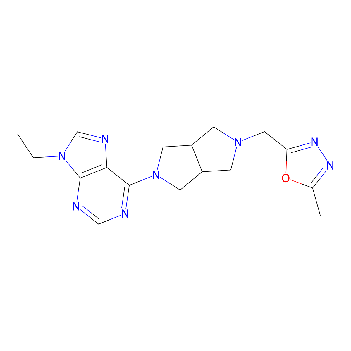 9-ethyl-6-{5-[(5-methyl-1,3,4-oxadiazol-2-yl)methyl]-octahydropyrrolo[3,4-c]pyrrol-2-yl}-9H-purine molecular structure, CAS 2770595-50-9