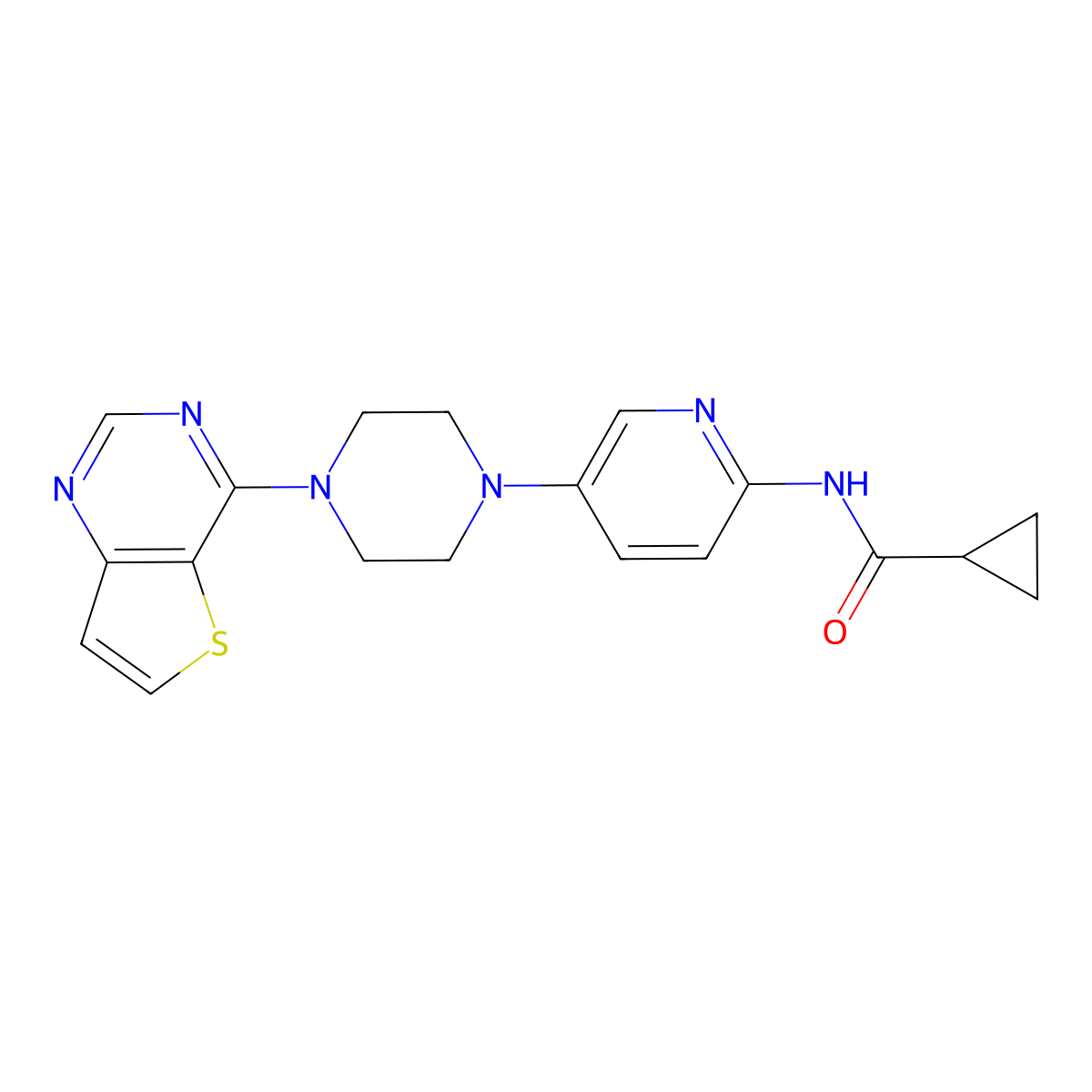N-[5-(4-{thieno[3,2-d]pyrimidin-4-yl}piperazin-1-yl)pyridin-2-yl]cyclopropanecarboxamide molecular structure, CAS 2770595-51-0