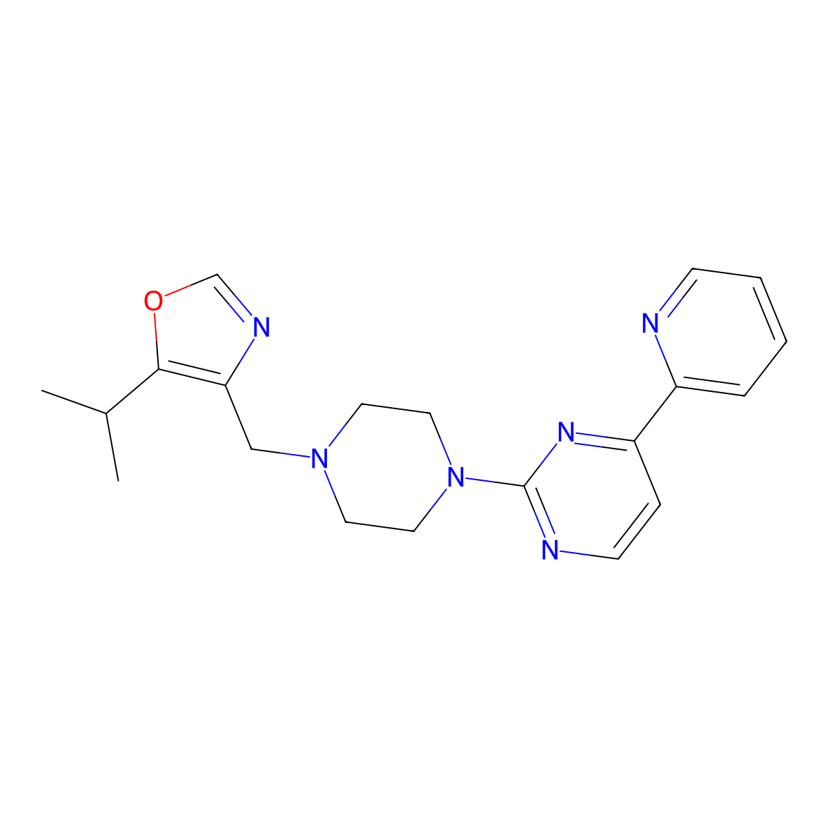 2-(4-{[5-(Propan-2-yl)-1,3-oxazol-4-yl]methyl}piperazin-1-yl)-4-(pyridin-2-yl)pyrimidine molecular structure, CAS 2770595-54-3