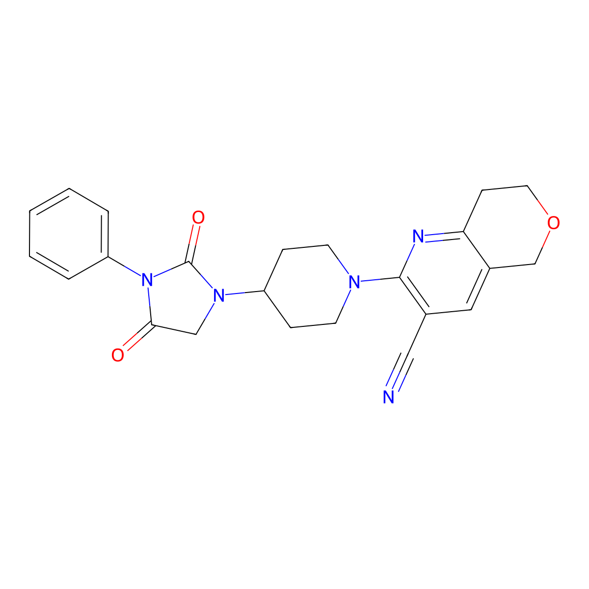 2-[4-(2,4-dioxo-3-phenylimidazolidin-1-yl)piperidin-1-yl]-5H,7H,8H-pyrano[4,3-b]pyridine-3-carbonitrile molecular structure, CAS 2770595-57-6