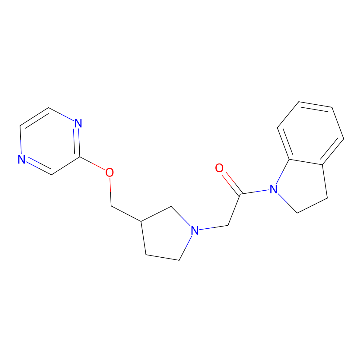 1-(2,3-dihydro-1H-indol-1-yl)-2-{3-[(pyrazin-2-yloxy)methyl]pyrrolidin-1-yl}ethan-1-one molecular structure, CAS 2770595-59-8