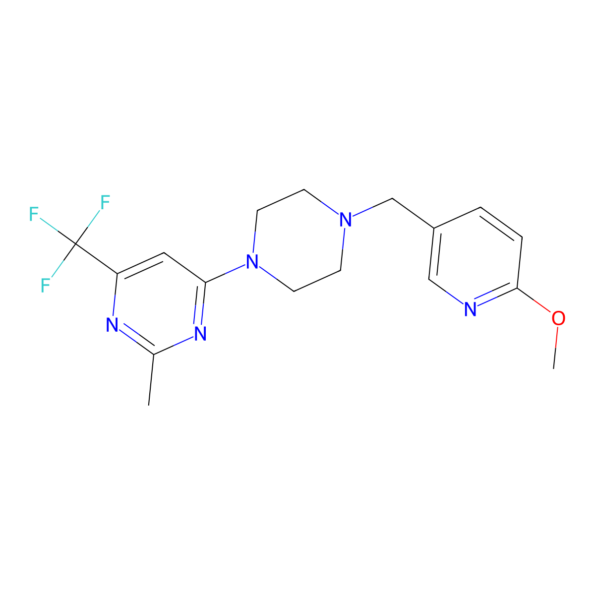 4-{4-[(6-Methoxypyridin-3-yl)methyl]piperazin-1-yl}-2-methyl-6-(trifluoromethyl)pyrimidine molecular structure, CAS 2770595-64-5