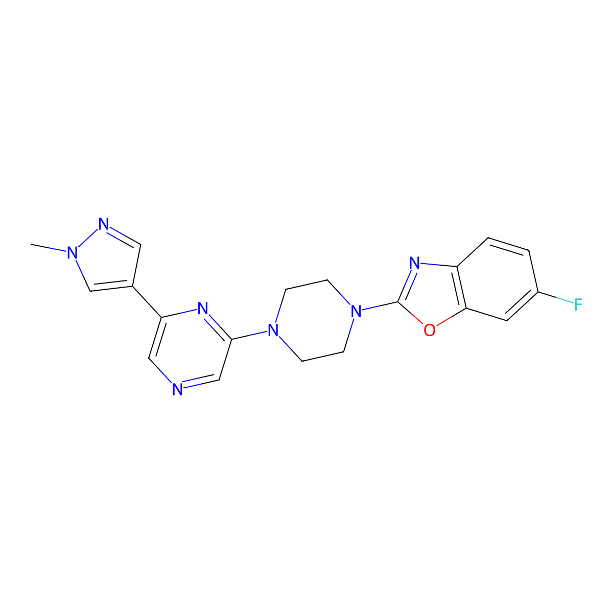 6-fluoro-2-{4-[6-(1-methyl-1H-pyrazol-4-yl)pyrazin-2-yl]piperazin-1-yl}-1,3-benzoxazole molecular structure, CAS 2770595-67-8
