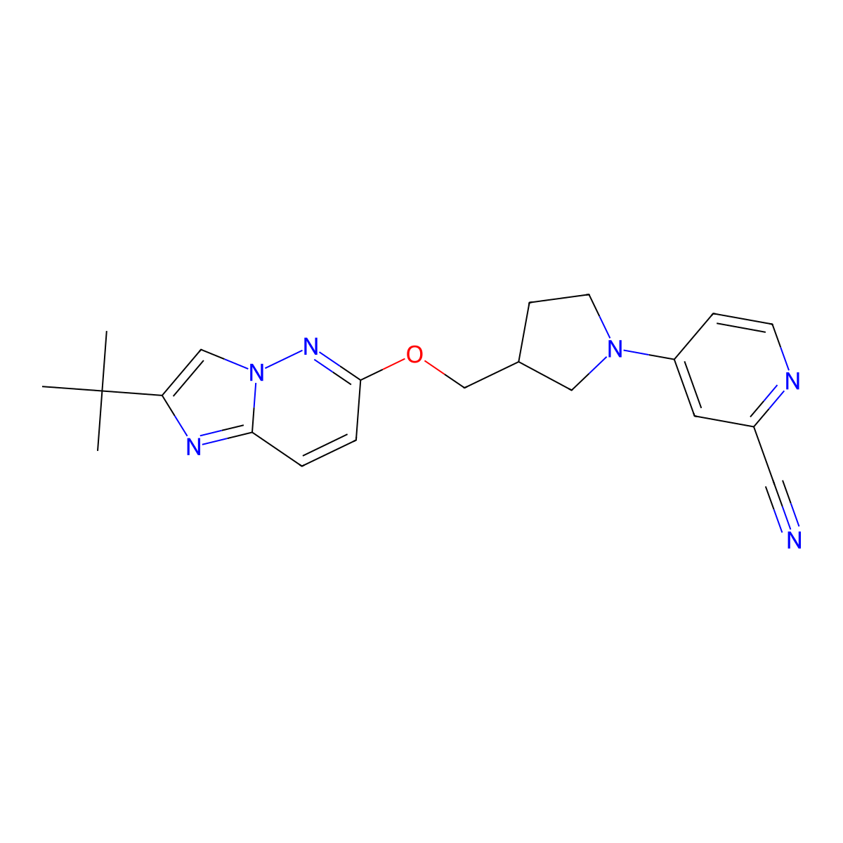 4-{3-[({2-Tert-butylimidazo[1,2-b]pyridazin-6-yl}oxy)methyl]pyrrolidin-1-yl}pyridine-2-carbonitrile molecular structure, CAS 2770595-85-0