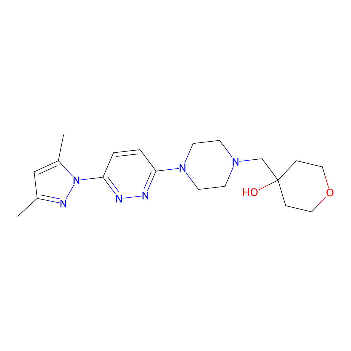 4-({4-[6-(3,5-dimethyl-1H-pyrazol-1-yl)pyridazin-3-yl]piperazin-1-yl}methyl)oxan-4-ol molecular structure, CAS 2770595-88-3
