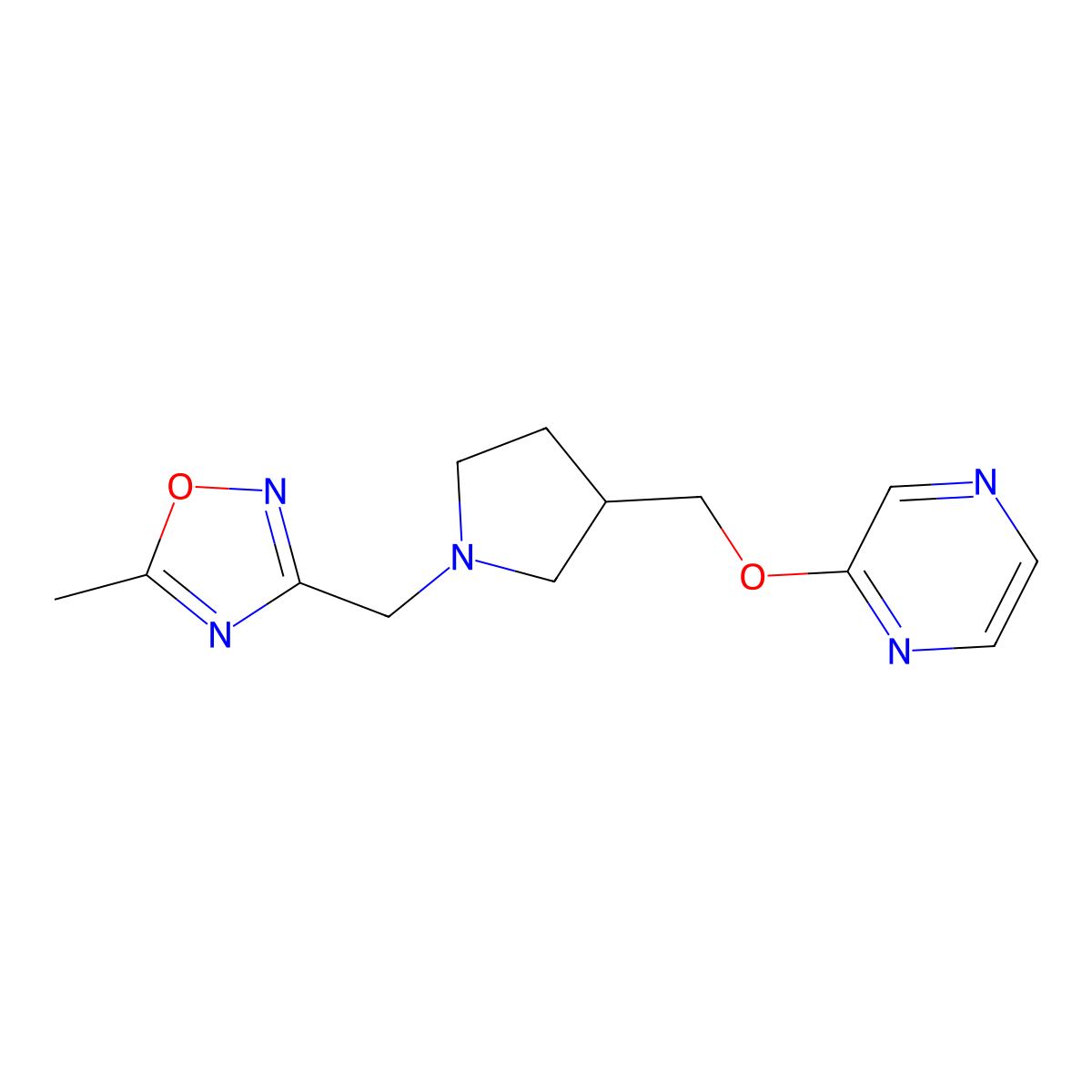 2-({1-[(5-Methyl-1,2,4-oxadiazol-3-yl)methyl]pyrrolidin-3-yl}methoxy)pyrazine molecular structure, CAS 2770596-10-4