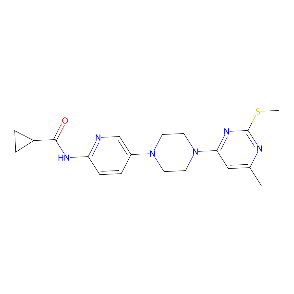 N-(5-{4-[6-methyl-2-(methylsulfanyl)pyrimidin-4-yl]piperazin-1-yl}pyridin-2-yl)cyclopropanecarboxamide molecular structure, CAS 2770596-19-3