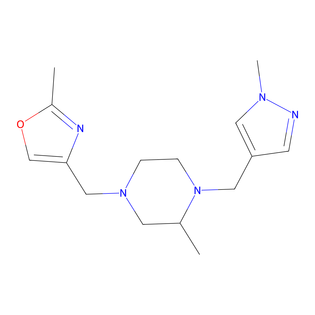 2-methyl-4-[(2-methyl-1,3-oxazol-4-yl)methyl]-1-[(1-methyl-1H-pyrazol-4-yl)methyl]piperazine molecular structure, CAS 2770596-20-6