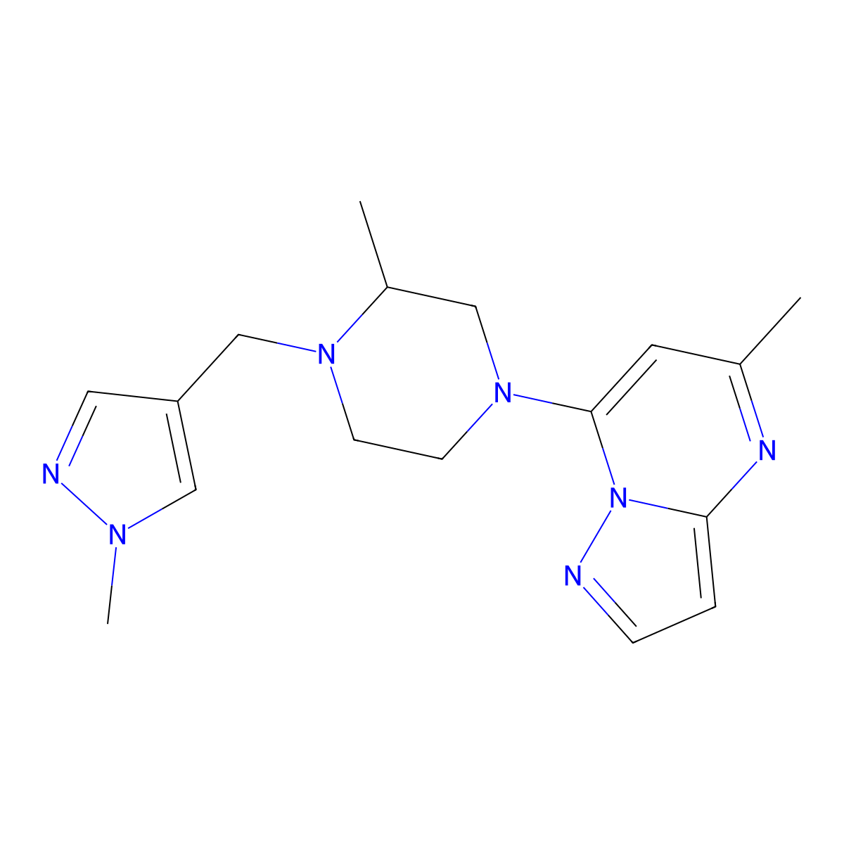 2-methyl-1-[(1-methyl-1H-pyrazol-4-yl)methyl]-4-{5-methylpyrazolo[1,5-a]pyrimidin-7-yl}piperazine molecular structure, CAS 2770596-24-0