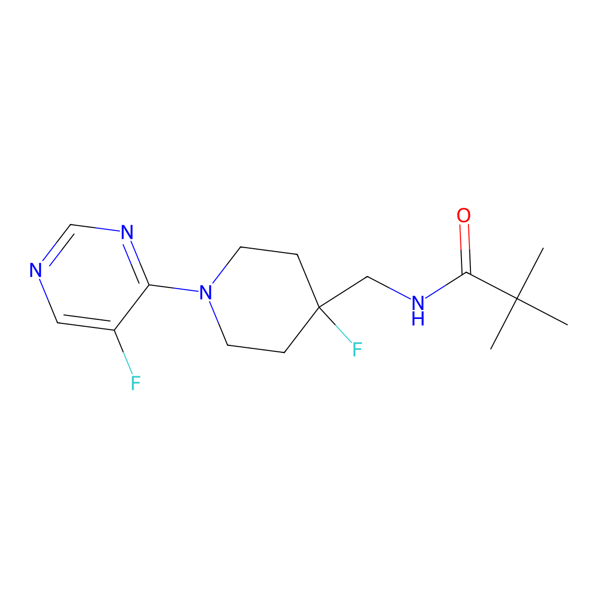 N-{[4-fluoro-1-(5-fluoropyrimidin-4-yl)piperidin-4-yl]methyl}-2,2-dimethylpropanamide molecular structure, CAS 2770596-26-2