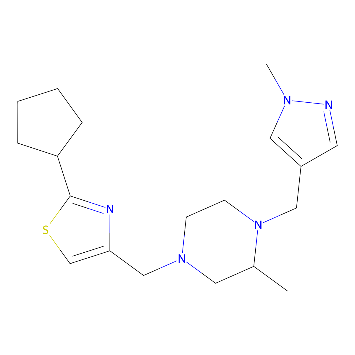 4-[(2-cyclopentyl-1,3-thiazol-4-yl)methyl]-2-methyl-1-[(1-methyl-1H-pyrazol-4-yl)methyl]piperazine molecular structure, CAS 2770596-35-3