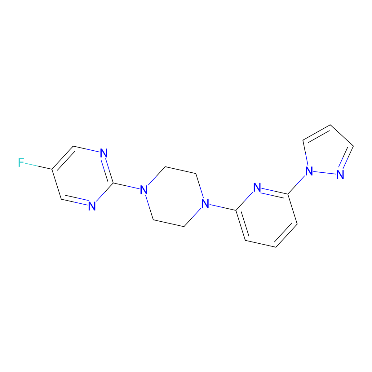 5-fluoro-2-{4-[6-(1H-pyrazol-1-yl)pyridin-2-yl]piperazin-1-yl}pyrimidine molecular structure, CAS 2770596-38-6