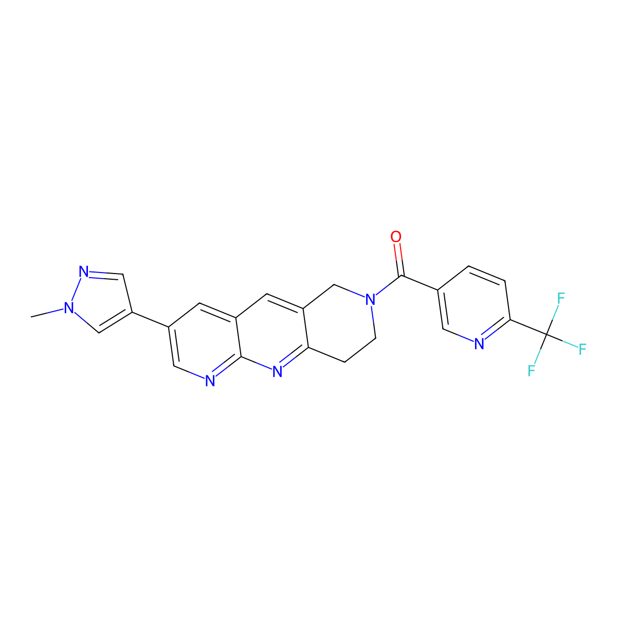 5-[3-(1-methyl-1H-pyrazol-4-yl)-6H,7H,8H,9H-pyrido[2,3-b]1,6-naphthyridine-7-carbonyl]-2-(trifluoromethyl)pyridine molecular structure, CAS 2770596-46-6