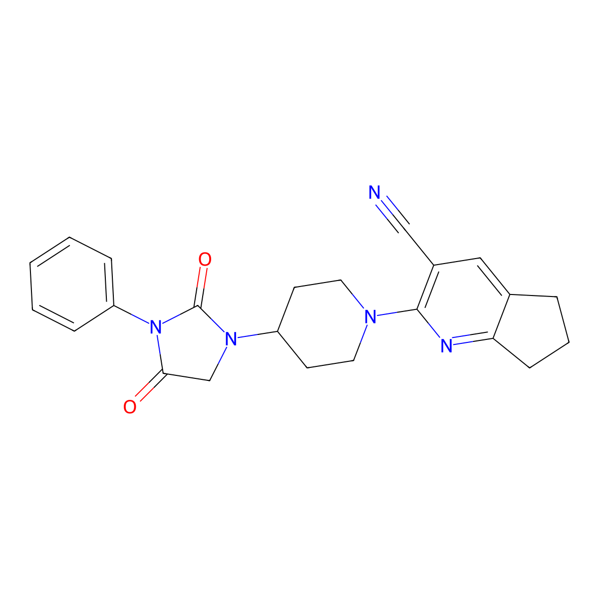 2-[4-(2,4-dioxo-3-phenylimidazolidin-1-yl)piperidin-1-yl]-5H,6H,7H-cyclopenta[b]pyridine-3-carbonitrile molecular structure, CAS 2770596-59-1