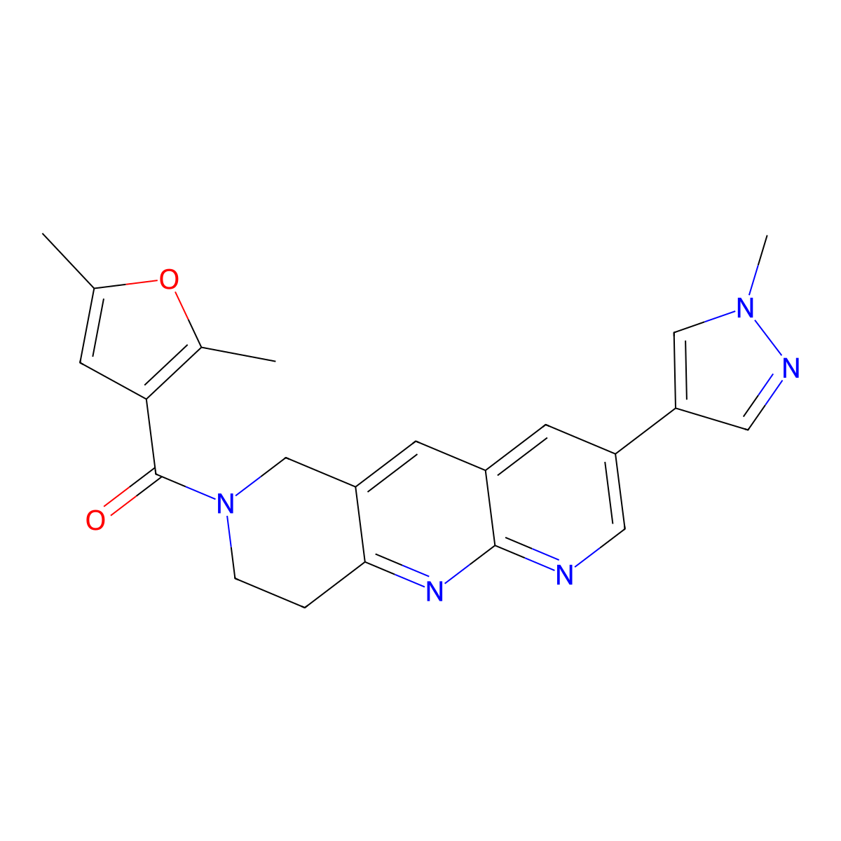 4-[7-(2,5-dimethylfuran-3-carbonyl)-6H,7H,8H,9H-pyrido[2,3-b]1,6-naphthyridin-3-yl]-1-methyl-1H-pyrazole molecular structure, CAS 2770596-71-7