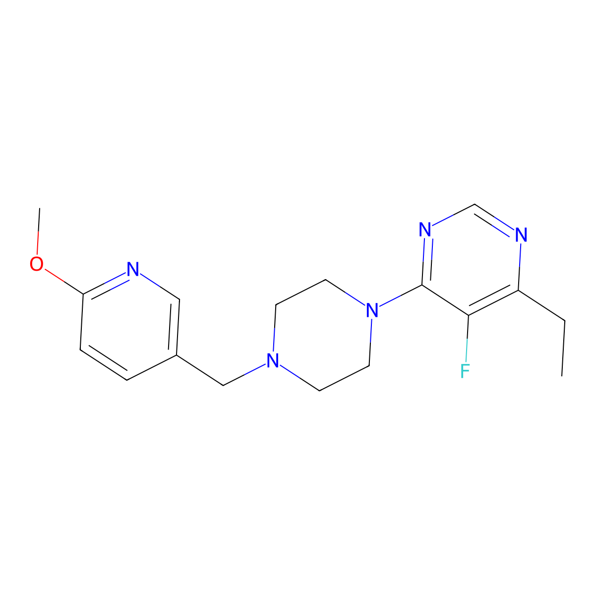 4-Ethyl-5-fluoro-6-{4-[(6-methoxypyridin-3-yl)methyl]piperazin-1-yl}pyrimidine molecular structure, CAS 2770596-77-3
