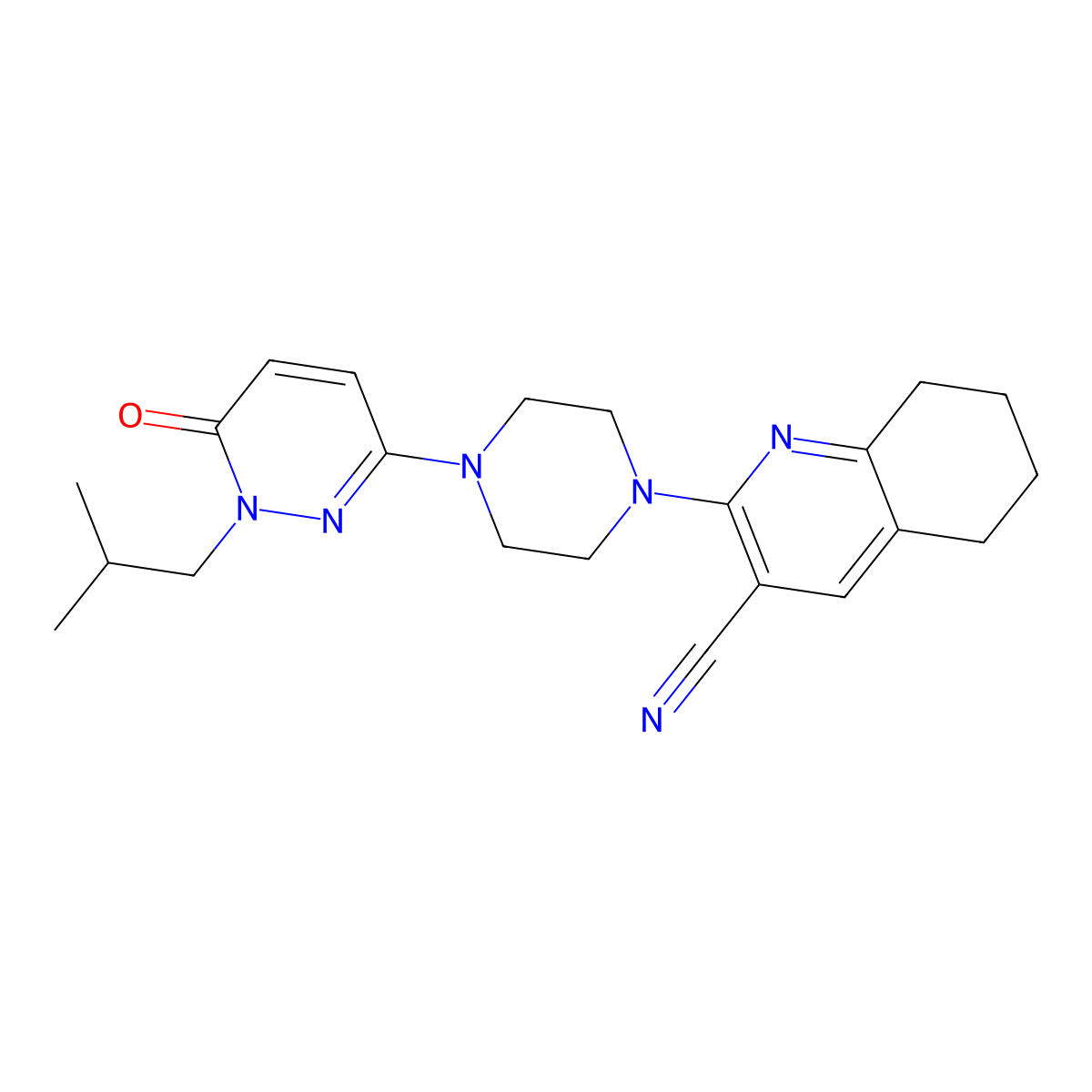2-{4-[1-(2-Methylpropyl)-6-oxo-1,6-dihydropyridazin-3-yl]piperazin-1-yl}-5,6,7,8-tetrahydroquinoline-3-carbonitrile molecular structure, CAS 2770596-83-1