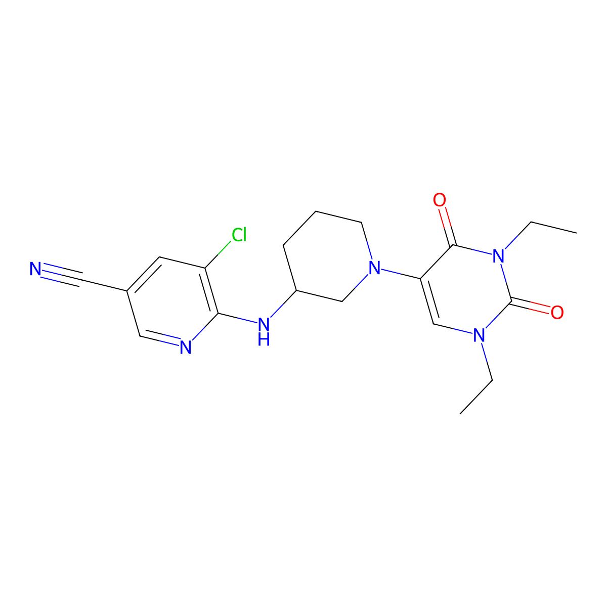 5-Chloro-6-{[1-(1,3-diethyl-2,4-dioxo-1,2,3,4-tetrahydropyrimidin-5-yl)piperidin-3-yl]amino}pyridine-3-carbonitrile molecular structure, CAS 2770596-84-2