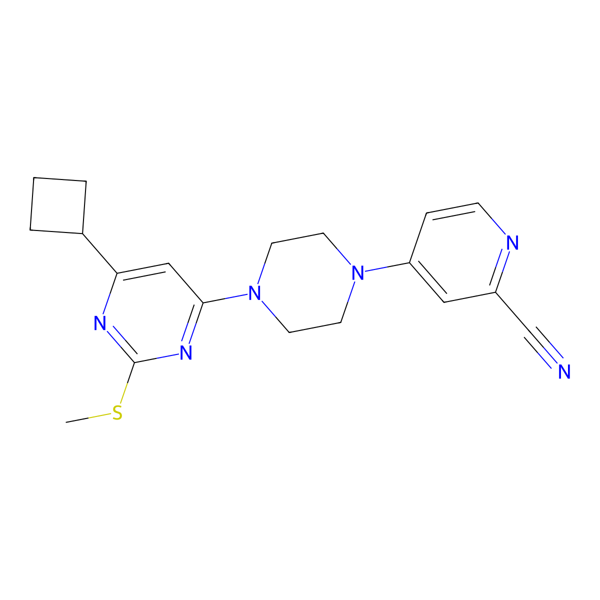 4-{4-[6-Cyclobutyl-2-(methylsulfanyl)pyrimidin-4-yl]piperazin-1-yl}pyridine-2-carbonitrile molecular structure, CAS 2770596-85-3