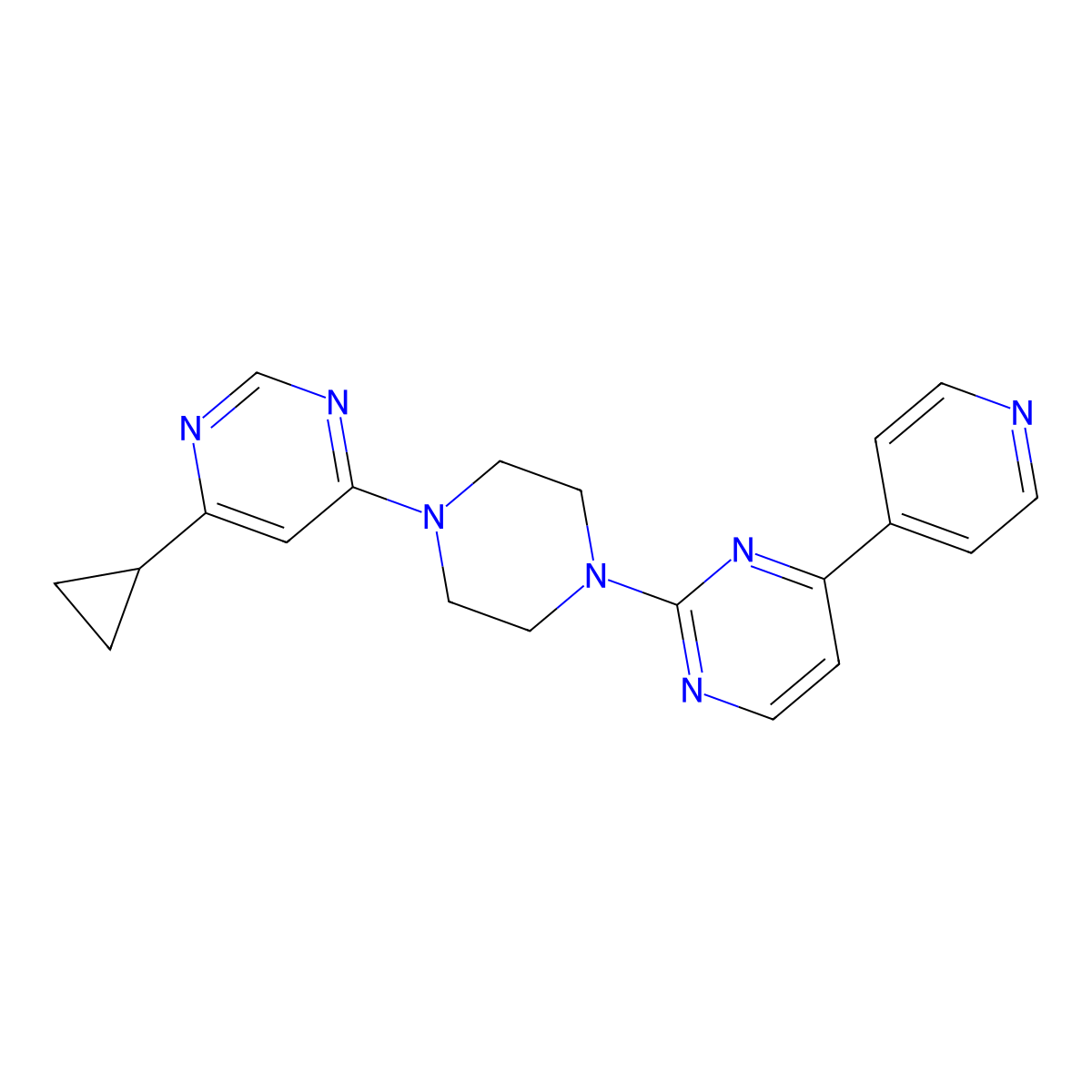 2-[4-(6-Cyclopropylpyrimidin-4-yl)piperazin-1-yl]-4-pyridin-4-ylpyrimidine molecular structure, CAS 2770596-94-4