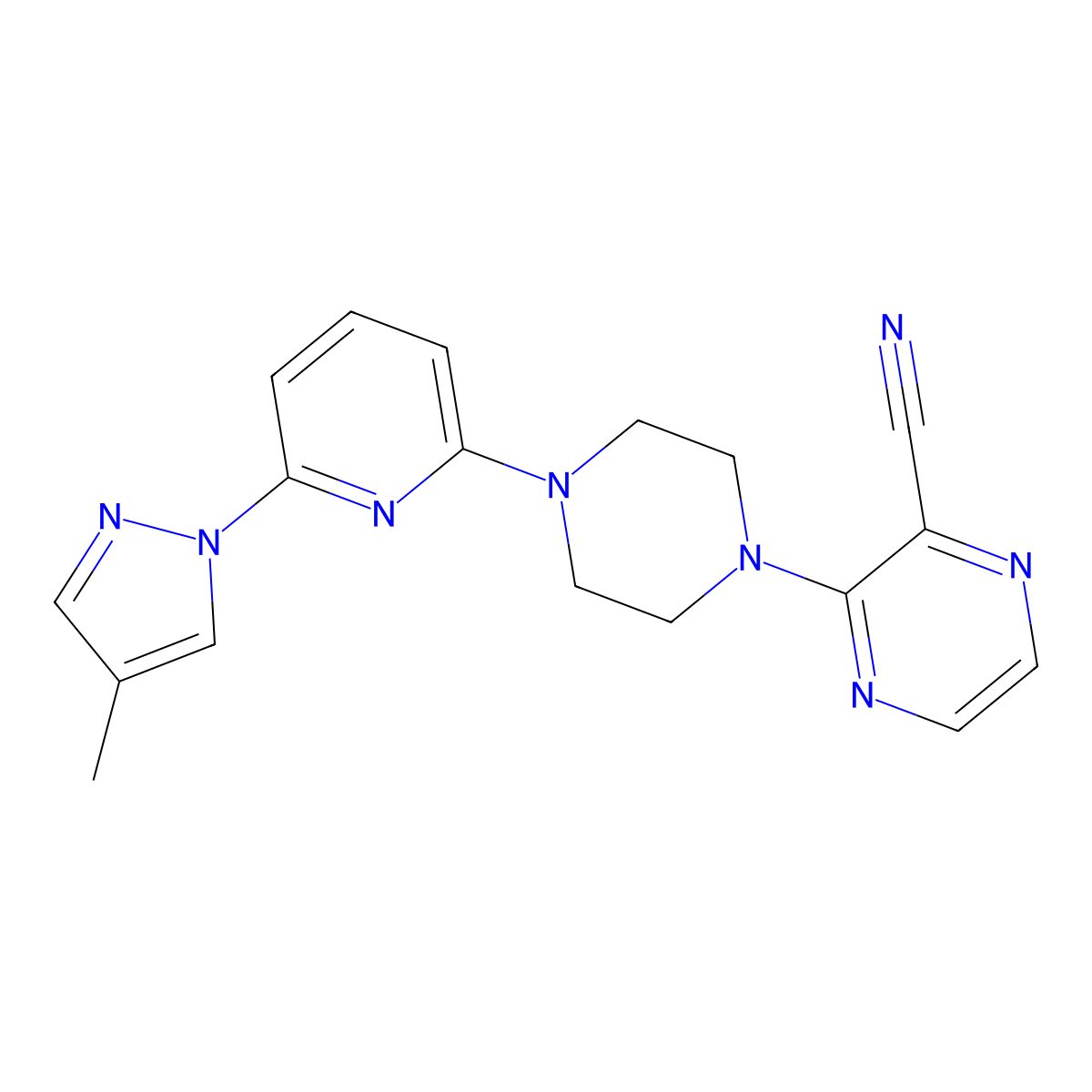 3-{4-[6-(4-methyl-1H-pyrazol-1-yl)pyridin-2-yl]piperazin-1-yl}pyrazine-2-carbonitrile molecular structure, CAS 2770596-95-5