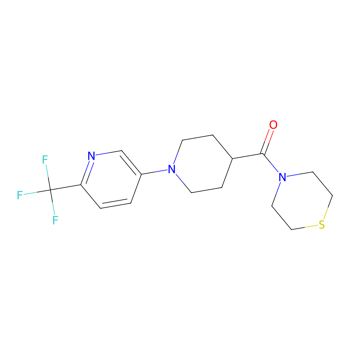 4-{1-[6-(Trifluoromethyl)pyridin-3-yl]piperidine-4-carbonyl}thiomorpholine molecular structure, CAS 2770596-98-8