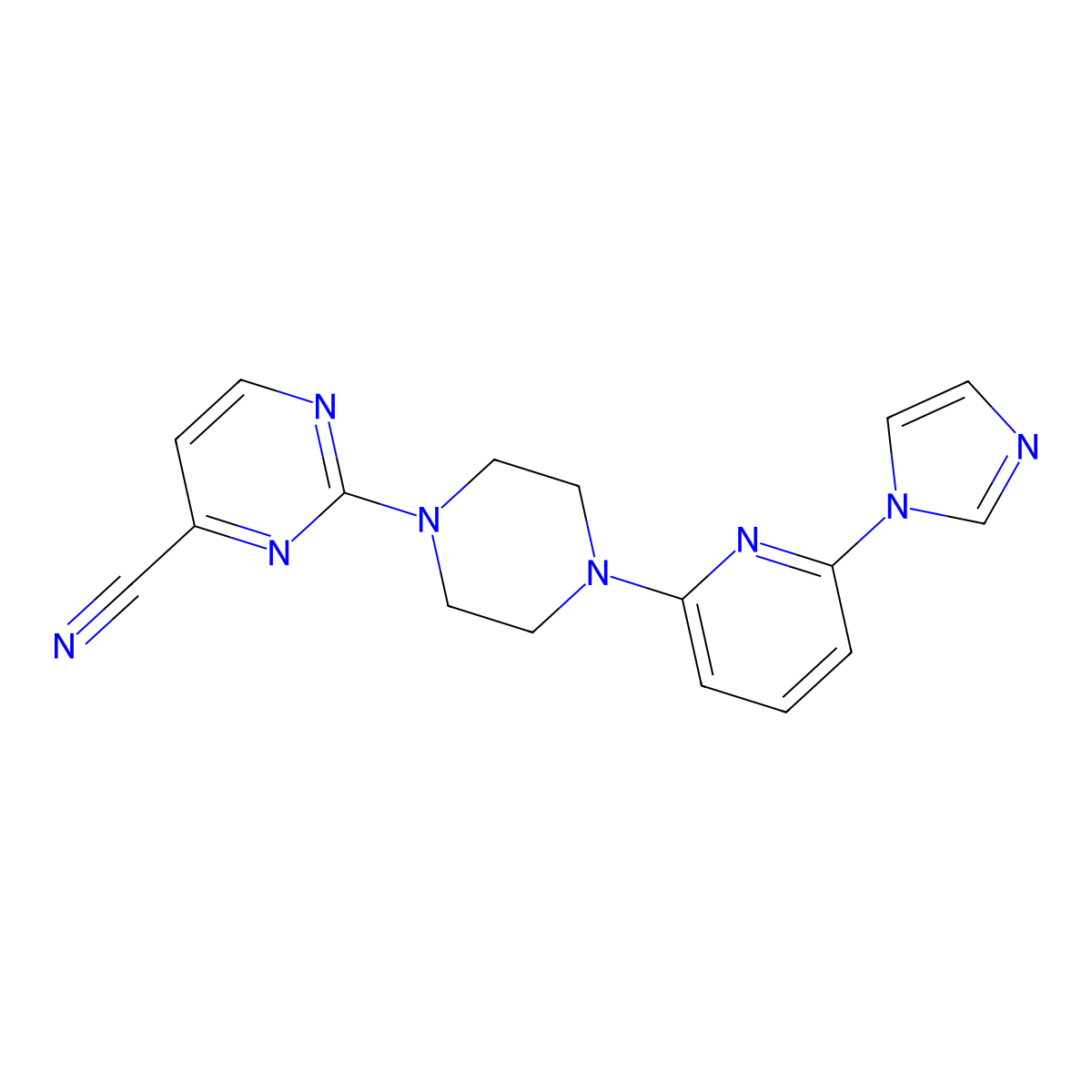 2-{4-[6-(1H-imidazol-1-yl)pyridin-2-yl]piperazin-1-yl}pyrimidine-4-carbonitrile molecular structure, CAS 2770597-01-6