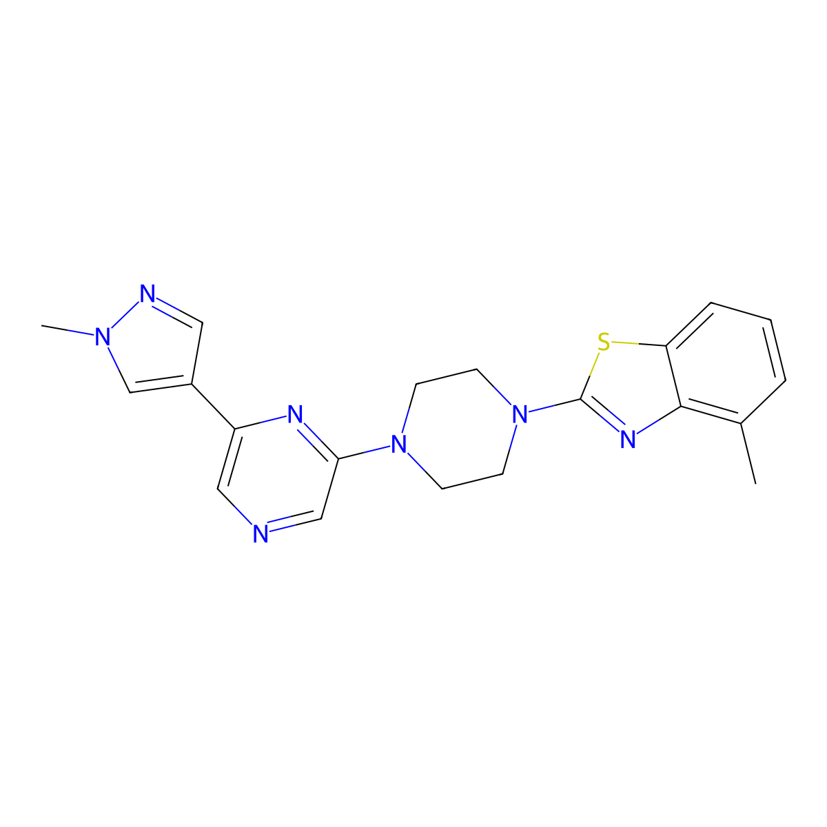 4-methyl-2-{4-[6-(1-methyl-1H-pyrazol-4-yl)pyrazin-2-yl]piperazin-1-yl}-1,3-benzothiazole molecular structure, CAS 2770597-10-7
