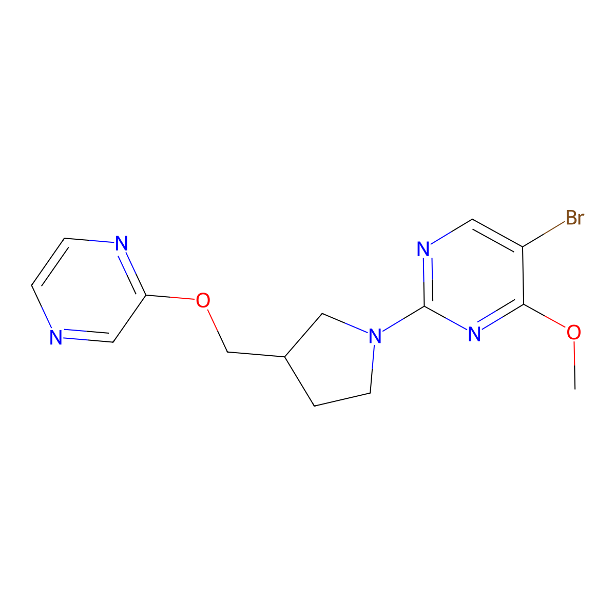 5-Bromo-4-methoxy-2-{3-[(pyrazin-2-yloxy)methyl]pyrrolidin-1-yl}pyrimidine molecular structure, CAS 2770597-18-5