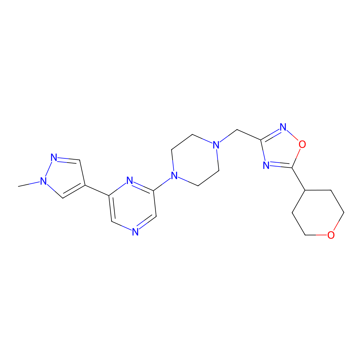 2-(1-methyl-1H-pyrazol-4-yl)-6-(4-{[5-(oxan-4-yl)-1,2,4-oxadiazol-3-yl]methyl}piperazin-1-yl)pyrazine molecular structure, CAS 2770597-21-0
