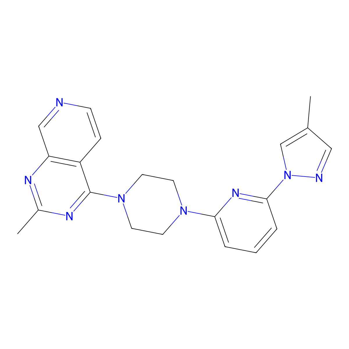 1-[6-(4-methyl-1H-pyrazol-1-yl)pyridin-2-yl]-4-{2-methylpyrido[3,4-d]pyrimidin-4-yl}piperazine molecular structure, CAS 2770597-25-4