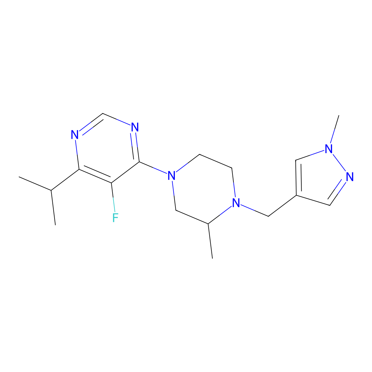 5-fluoro-4-{3-methyl-4-[(1-methyl-1H-pyrazol-4-yl)methyl]piperazin-1-yl}-6-(propan-2-yl)pyrimidine molecular structure, CAS 2770597-26-5