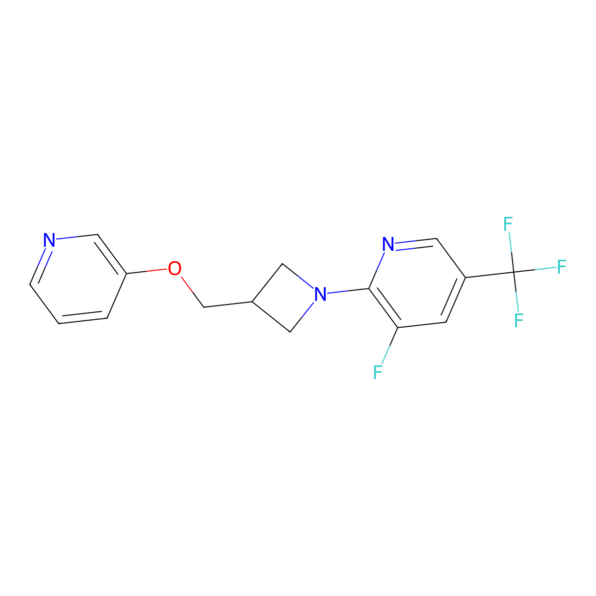 3-Fluoro-2-{3-[(pyridin-3-yloxy)methyl]azetidin-1-yl}-5-(trifluoromethyl)pyridine molecular structure, CAS 2770597-32-3