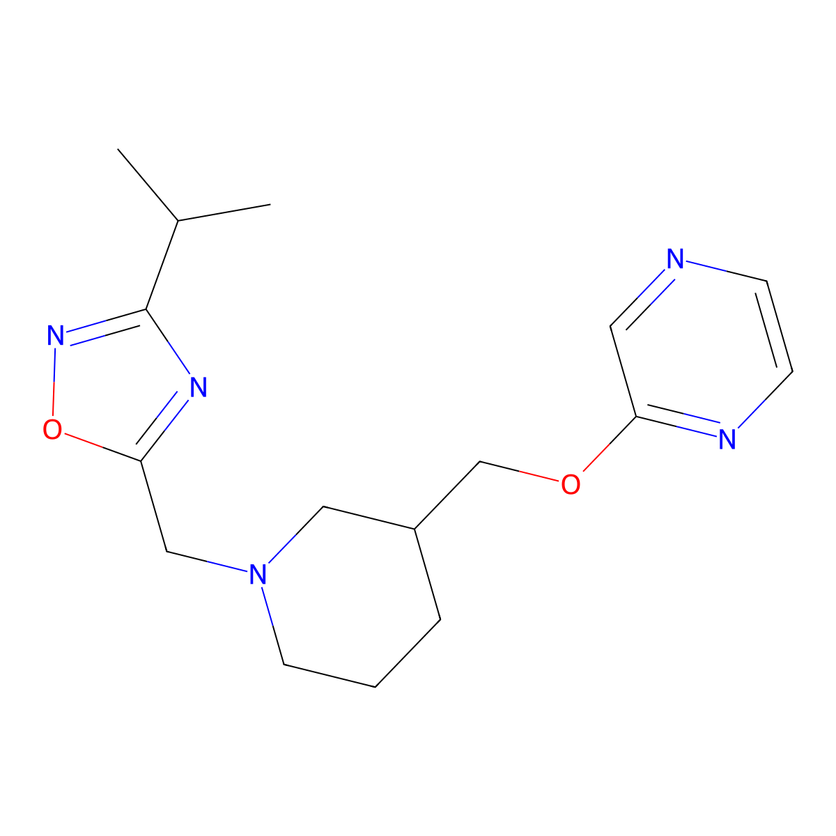 2-[(1-{[3-(Propan-2-yl)-1,2,4-oxadiazol-5-yl]methyl}piperidin-3-yl)methoxy]pyrazine molecular structure, CAS 2770597-37-8