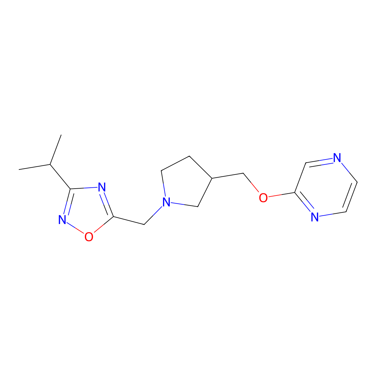 2-[(1-{[3-(Propan-2-yl)-1,2,4-oxadiazol-5-yl]methyl}pyrrolidin-3-yl)methoxy]pyrazine molecular structure, CAS 2770597-40-3