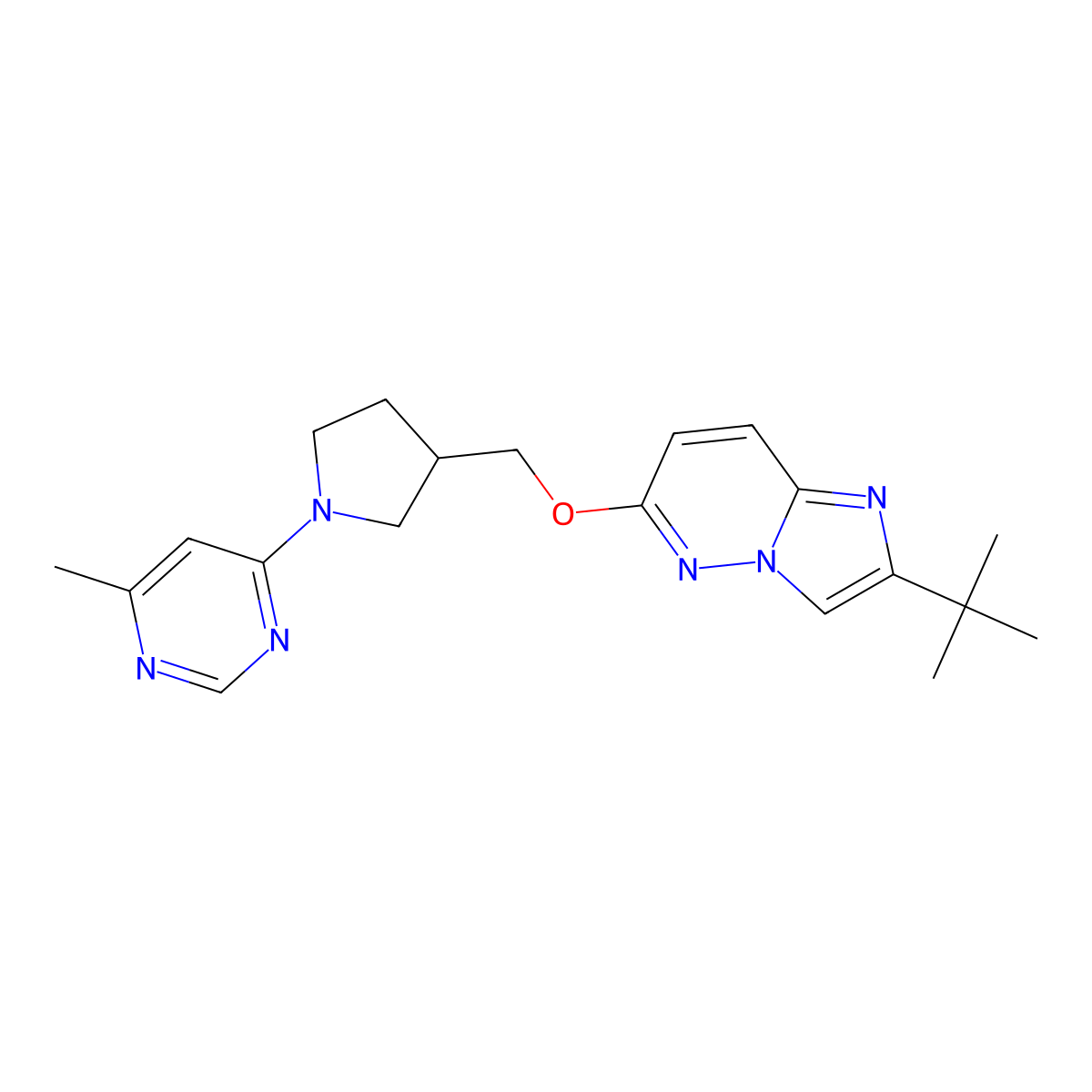 4-{3-[({2-Tert-butylimidazo[1,2-b]pyridazin-6-yl}oxy)methyl]pyrrolidin-1-yl}-6-methylpyrimidine molecular structure, CAS 2770597-41-4