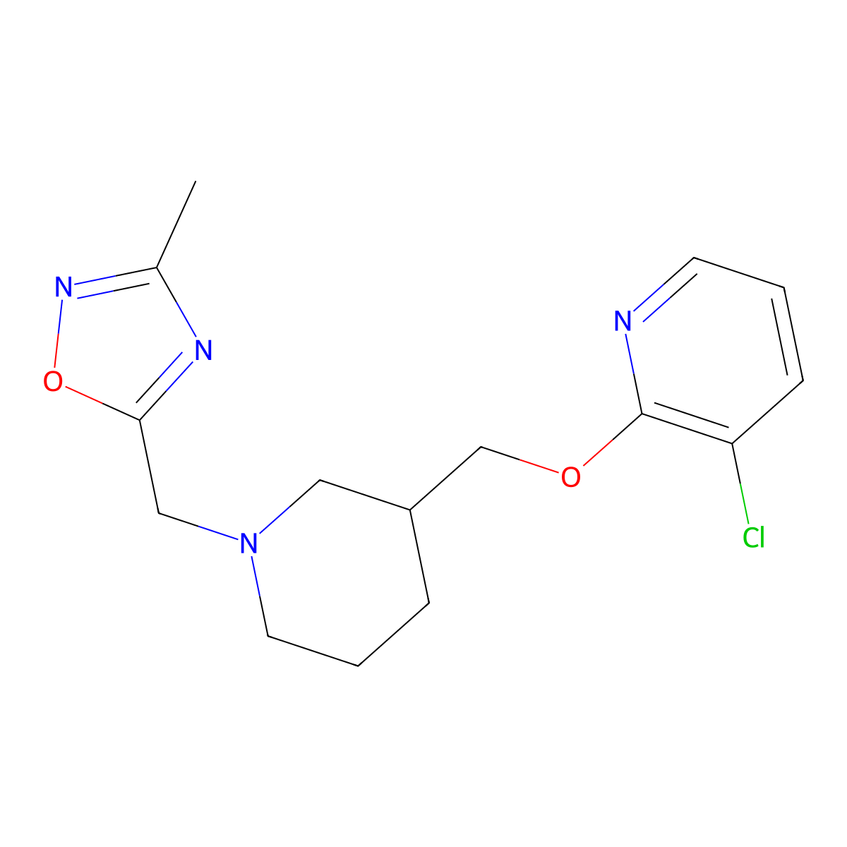3-Chloro-2-({1-[(3-methyl-1,2,4-oxadiazol-5-yl)methyl]piperidin-3-yl}methoxy)pyridine molecular structure, CAS 2770597-58-3