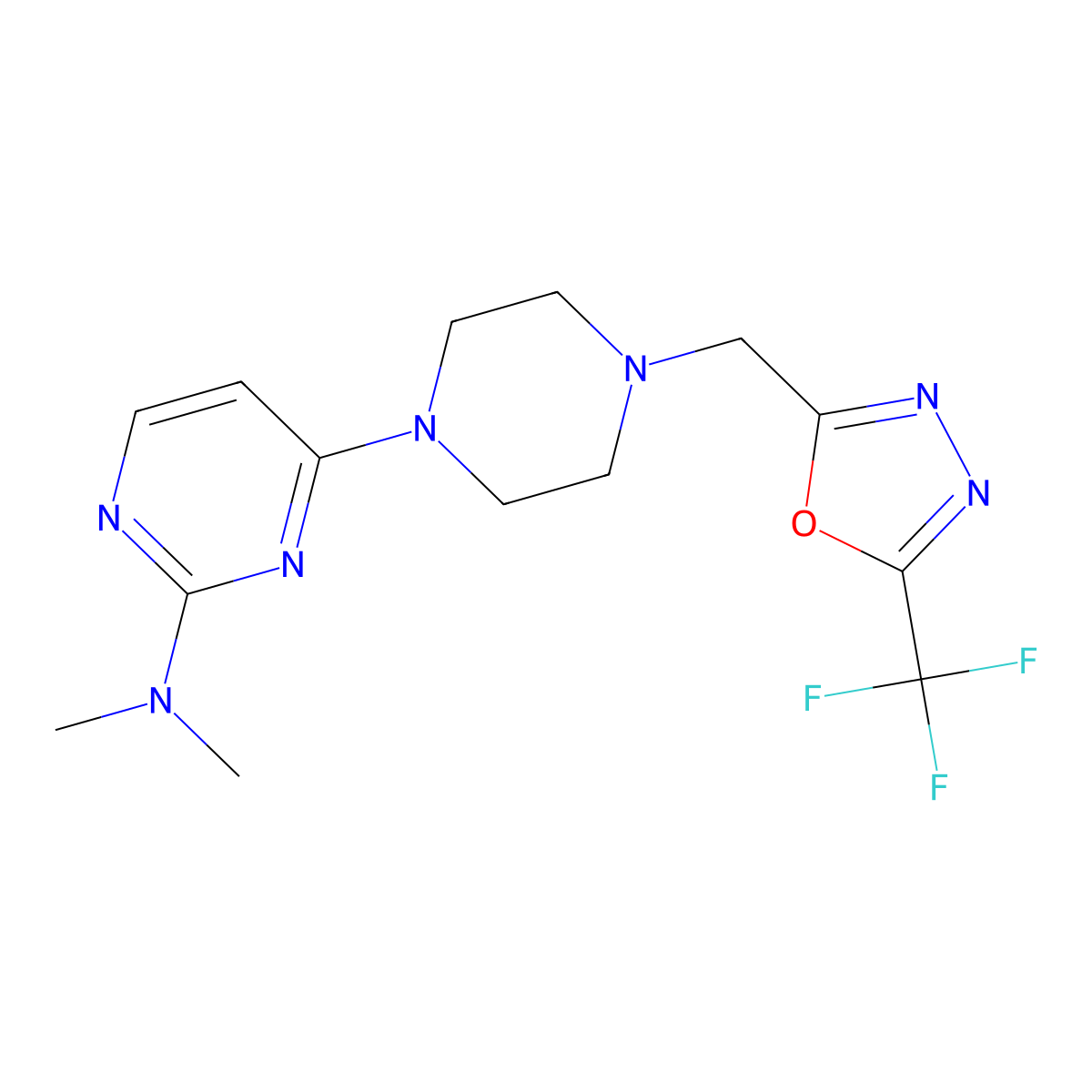 N,N-dimethyl-4-(4-{[5-(trifluoromethyl)-1,3,4-oxadiazol-2-yl]methyl}piperazin-1-yl)pyrimidin-2-amine molecular structure, CAS 2770597-65-2