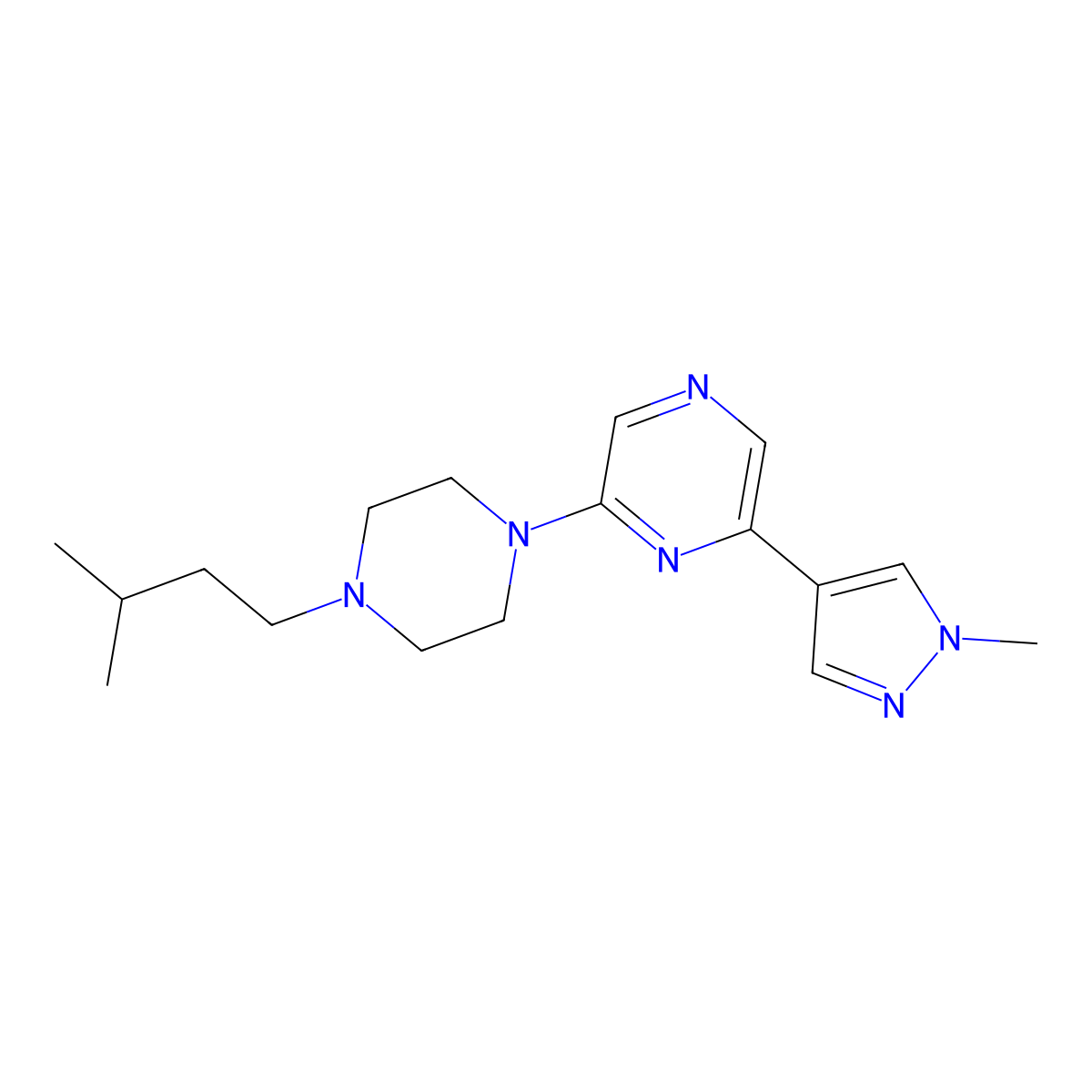 2-(1-methyl-1H-pyrazol-4-yl)-6-[4-(3-methylbutyl)piperazin-1-yl]pyrazine molecular structure, CAS 2770597-68-5
