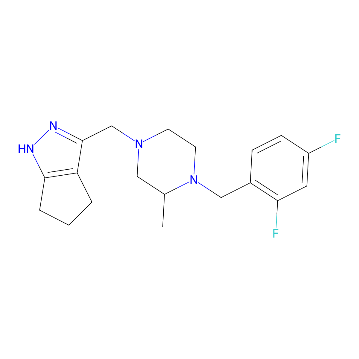 4-({1H,4H,5H,6H-cyclopenta[c]pyrazol-3-yl}methyl)-1-[(2,4-difluorophenyl)methyl]-2-methylpiperazine molecular structure, CAS 2770597-70-9