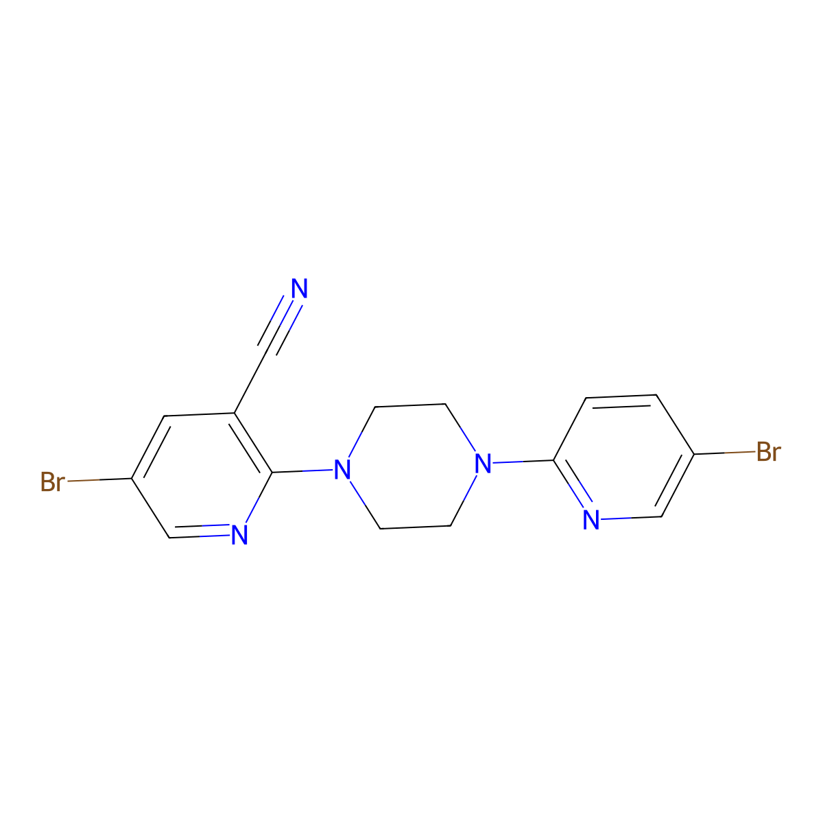 5-Bromo-2-[4-(5-bromopyridin-2-yl)piperazin-1-yl]pyridine-3-carbonitrile molecular structure, CAS 2770597-73-2