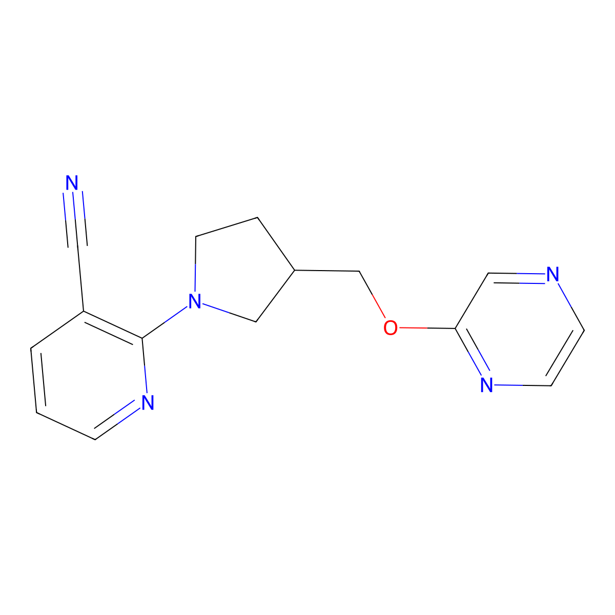 2-{3-[(Pyrazin-2-yloxy)methyl]pyrrolidin-1-yl}pyridine-3-carbonitrile molecular structure, CAS 2770597-74-3