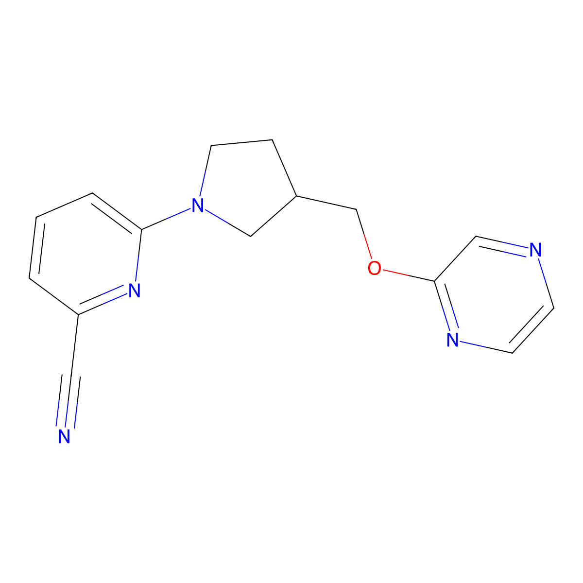 6-{3-[(Pyrazin-2-yloxy)methyl]pyrrolidin-1-yl}pyridine-2-carbonitrile molecular structure, CAS 2770597-77-6