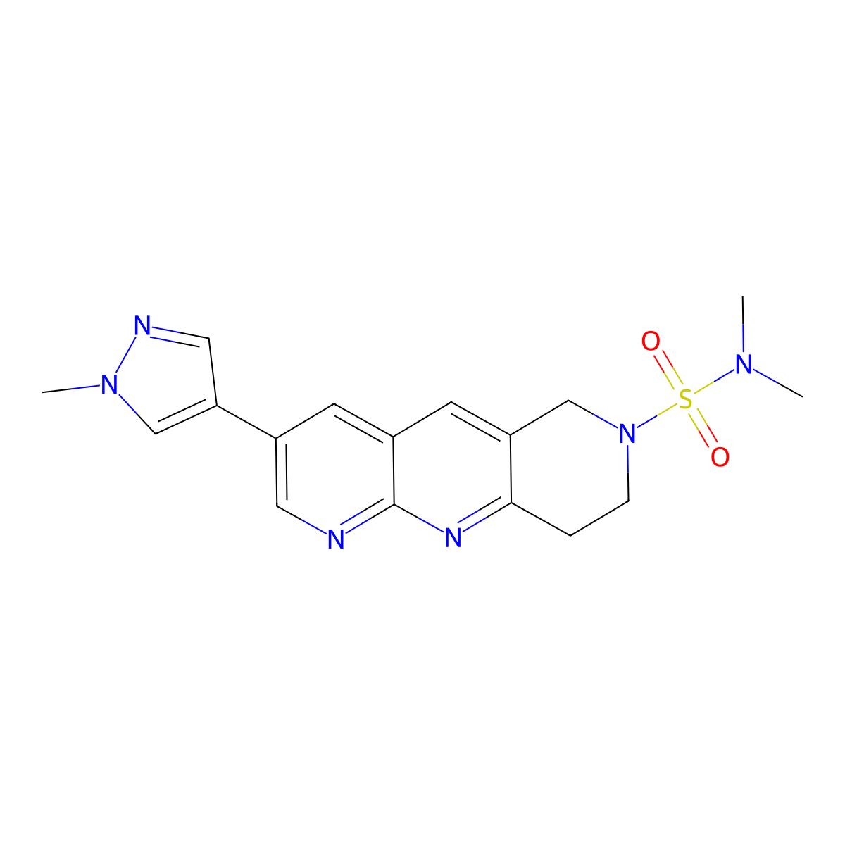 N,N-dimethyl-3-(1-methyl-1H-pyrazol-4-yl)-6H,7H,8H,9H-pyrido[2,3-b]1,6-naphthyridine-7-sulfonamide molecular structure, CAS 2770597-81-2